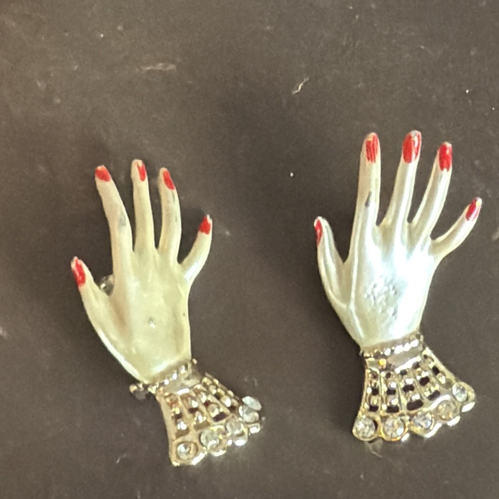 Vintage 1980s Red Manicured Hand Brooches Pins Pair Victorian Revival Set